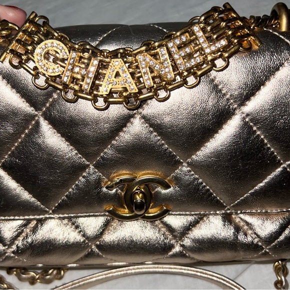 CHANEL (SOLD)Crystal Logo Letters Chain Handle Flap Quilted Lambskin Mini💎 - Picture 12 of 14
